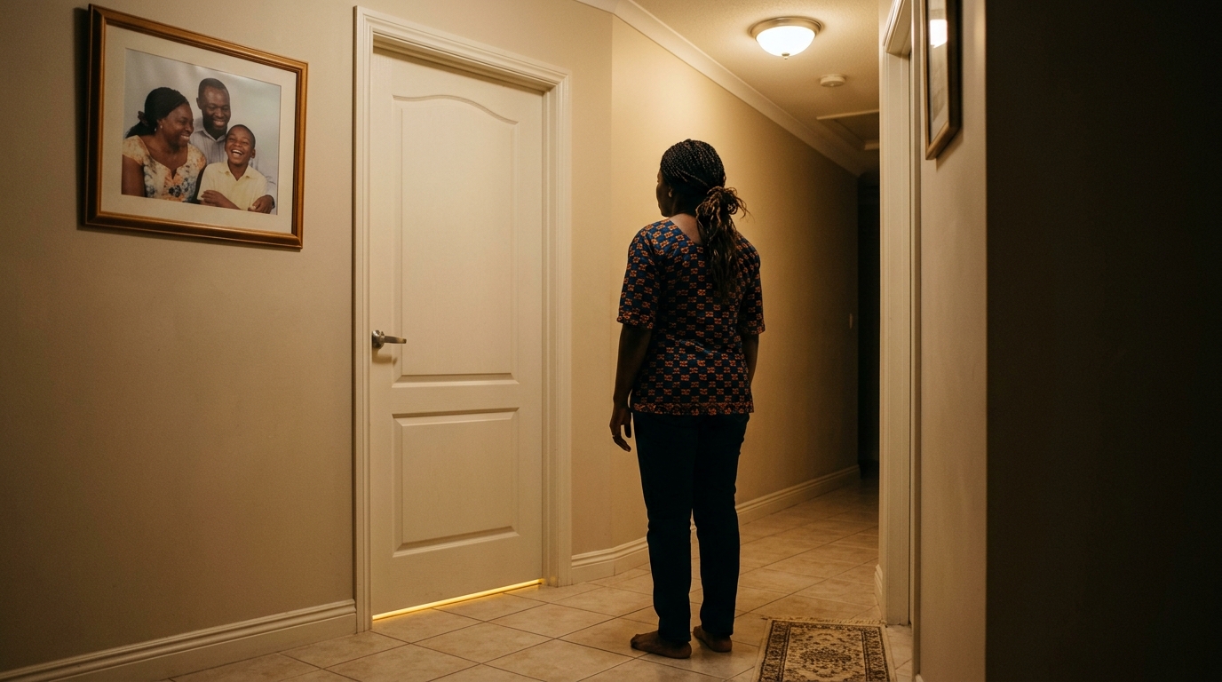 Mother standing in hallway facing closed bedroom door with light underneath